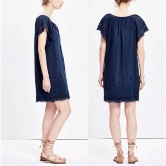Madewell Dress Navy Blue Medium 6 8 10 Short Sleeve Embroidered Silk Cotton - Picture 8 of 15